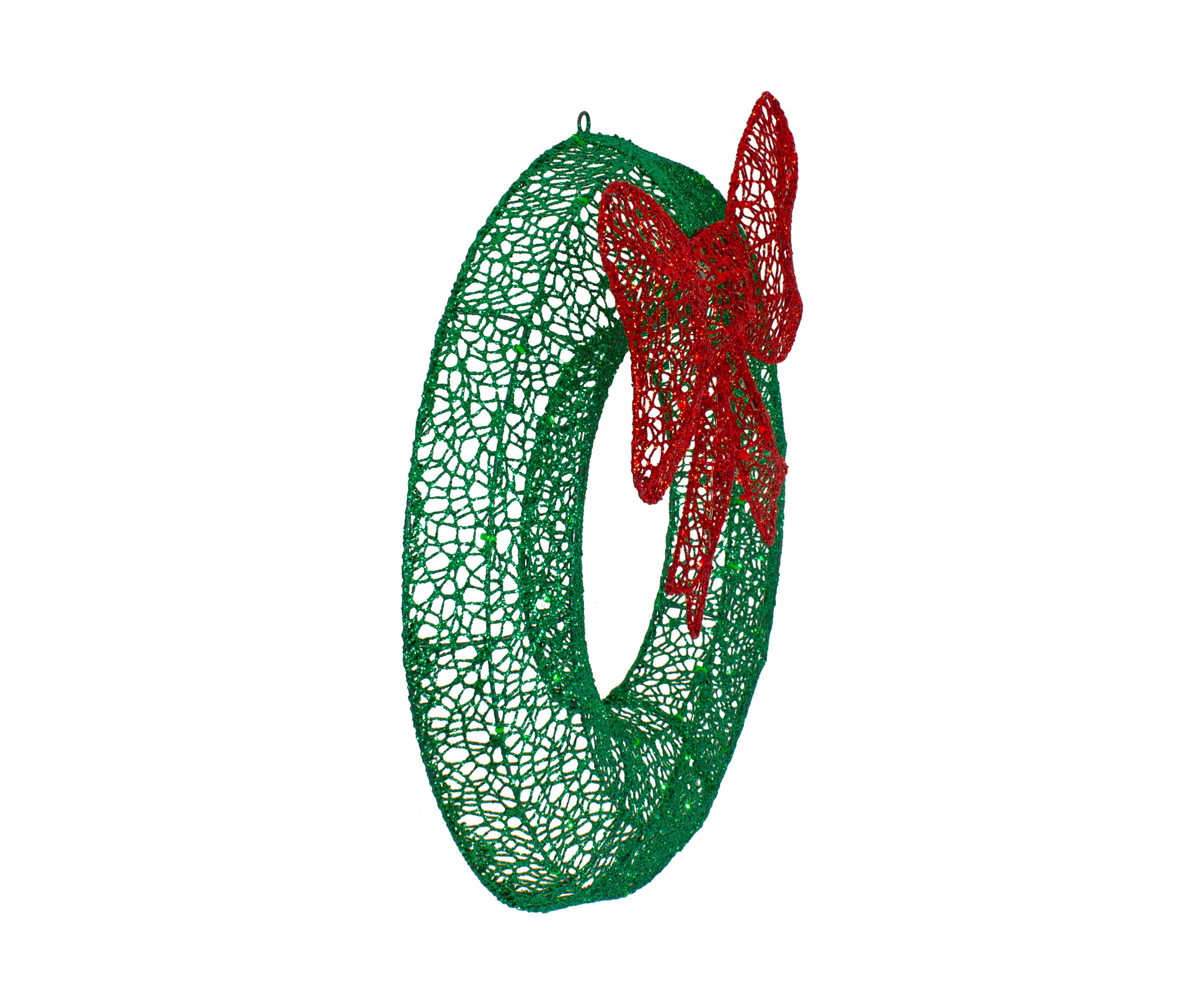 24Inch LED Lighted Green Glitter Wreath with Red Bow Outdoor Christmas Decoration