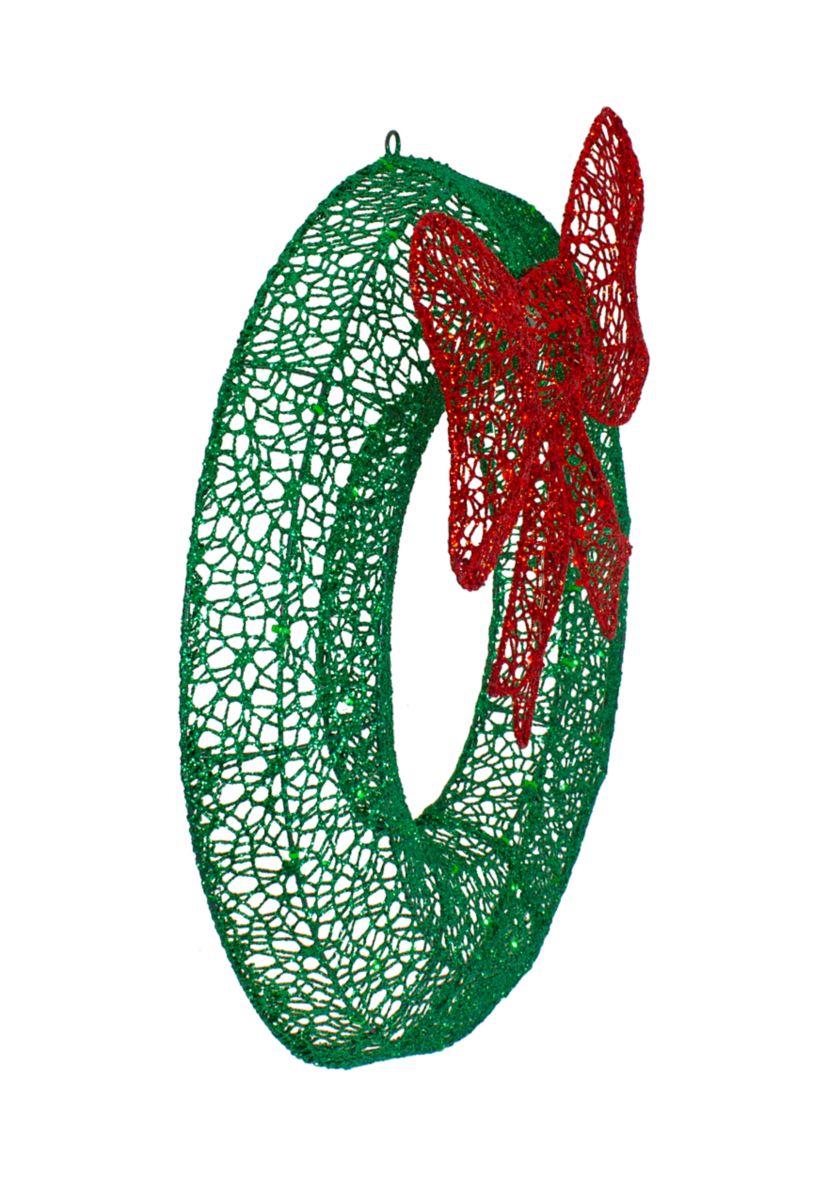 24Inch LED Lighted Green Glitter Wreath with Red Bow Outdoor Christmas Decoration