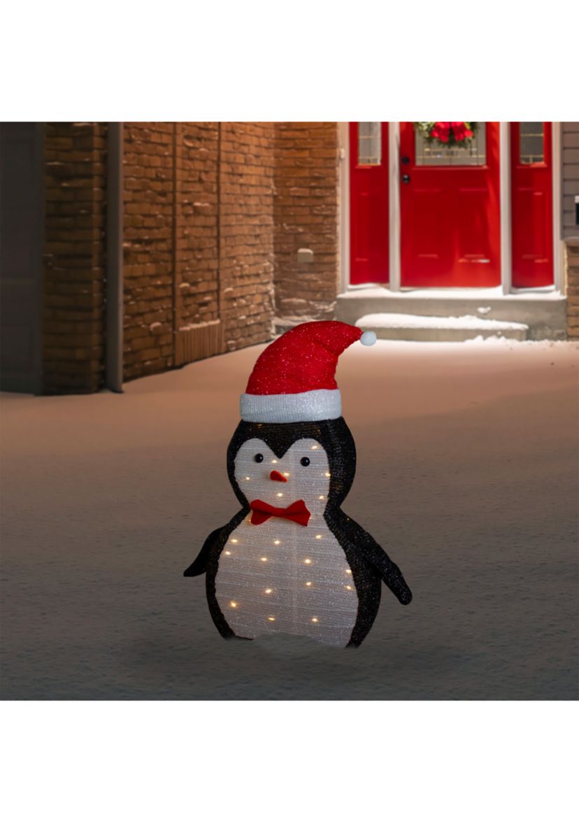 28Inch LED Lighted Tinsel Penguin in Santa Hat Outdoor Christmas Decoration