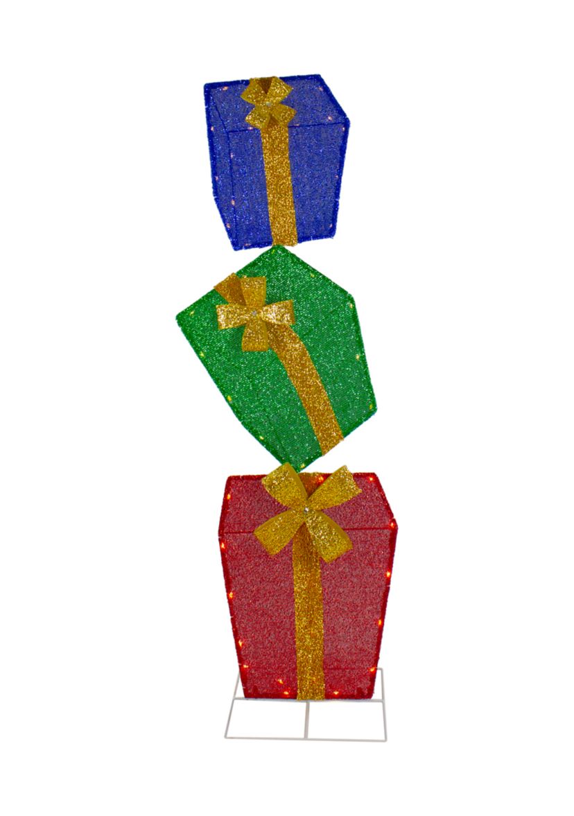 48Inch LED Lighted Tinsel Stacked Gift Boxes Outdoor Christmas Decoration