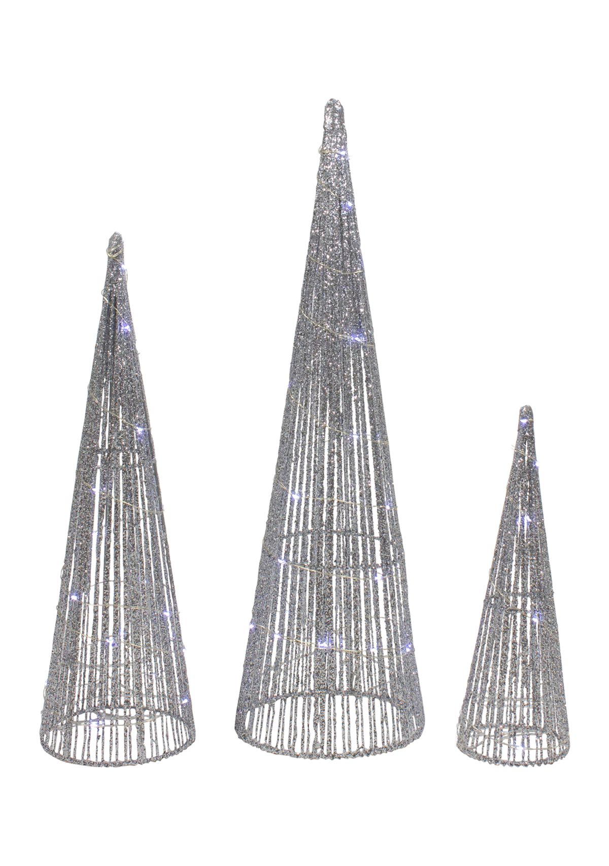 Set of 3 LED Lighted Silver Glitter Cone Tree Outdoor Christmas Decorations 23.5Inch