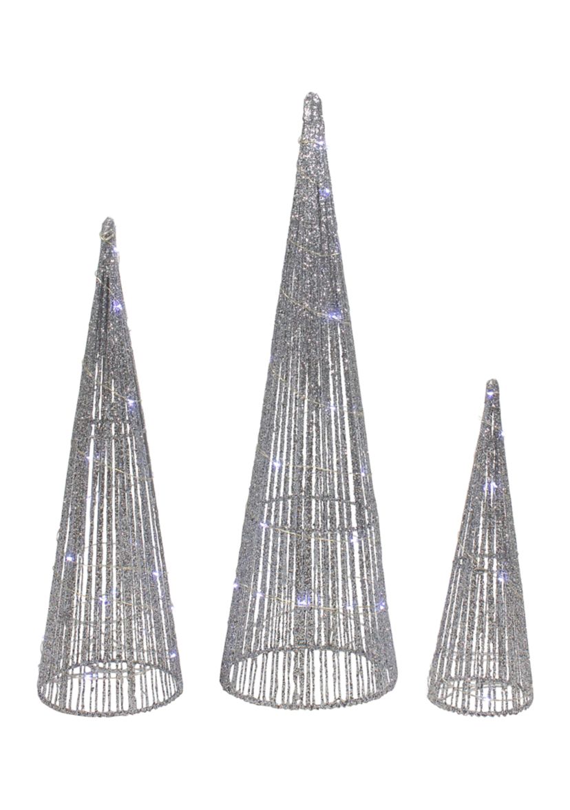 Set of 3 LED Lighted Silver Glitter Cone Tree Outdoor Christmas Decorations 23.5Inch