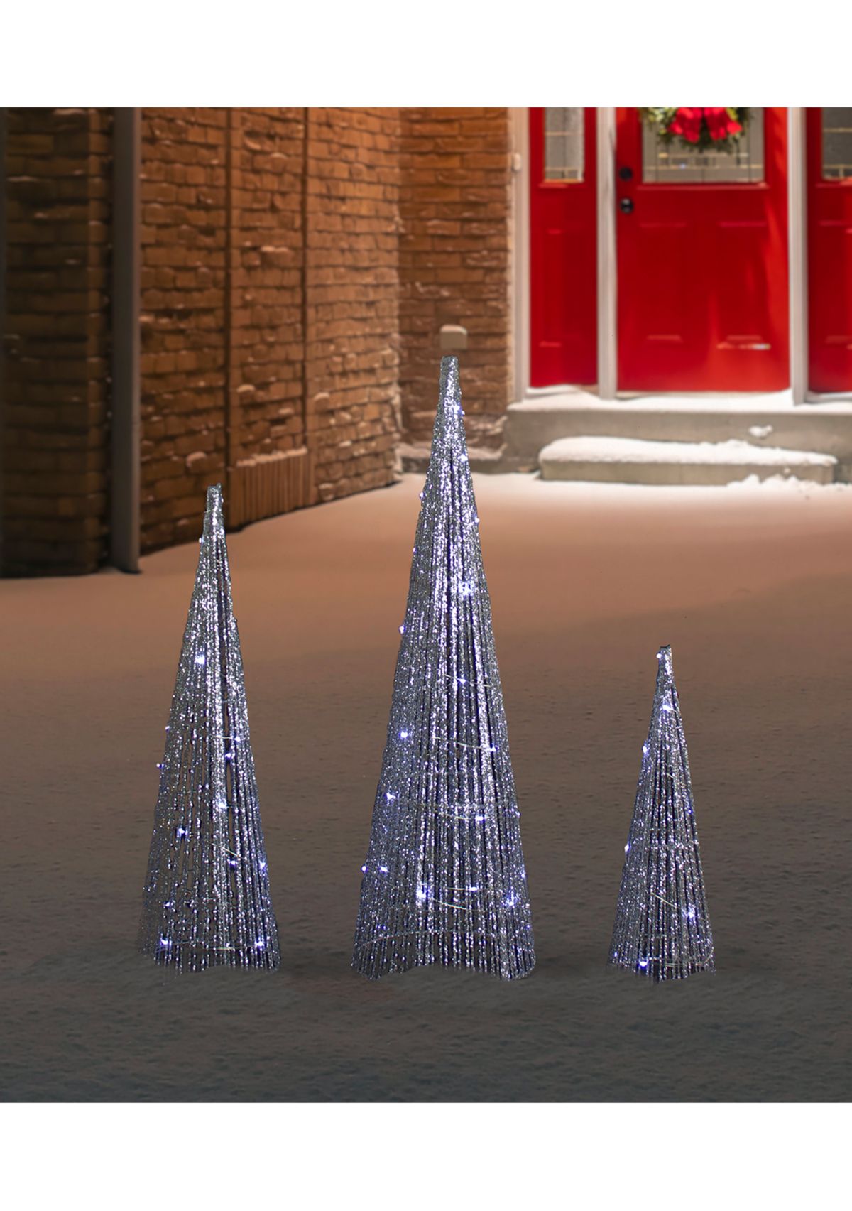 Set of 3 LED Lighted Silver Glitter Cone Tree Outdoor Christmas Decorations 23.5Inch