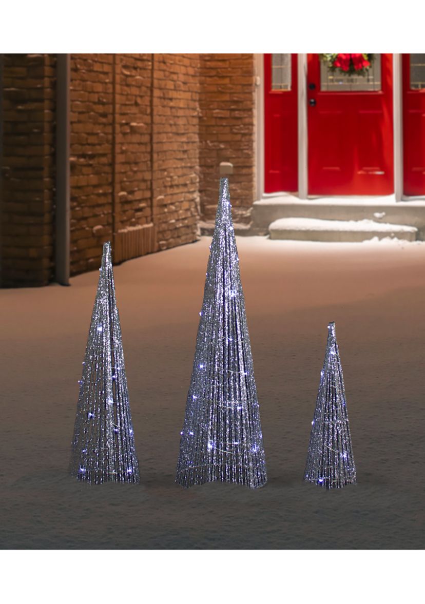 Set of 3 LED Lighted Silver Glitter Cone Tree Outdoor Christmas Decorations 23.5Inch