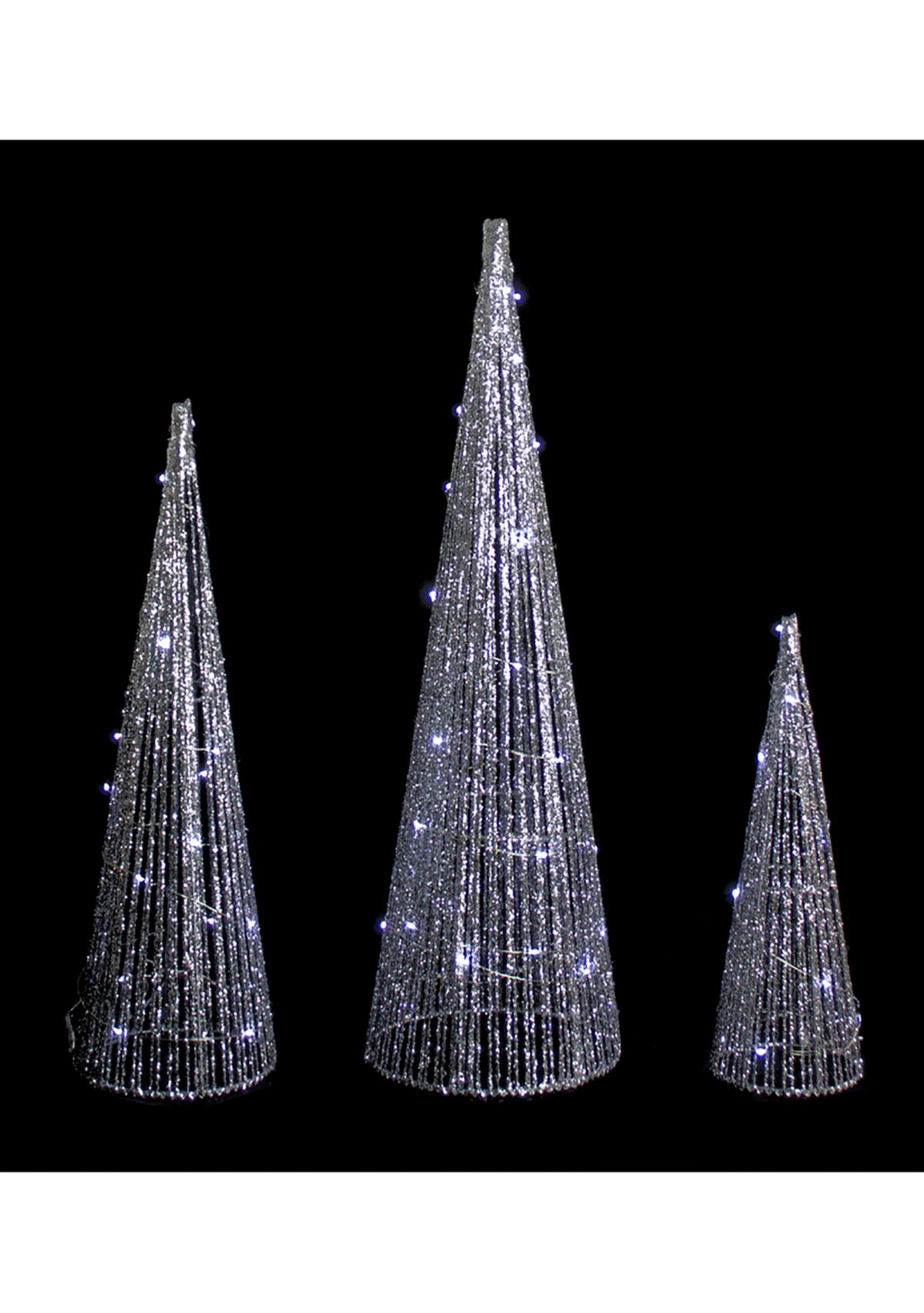 Set of 3 LED Lighted Silver Glitter Cone Tree Outdoor Christmas Decorations 23.5Inch