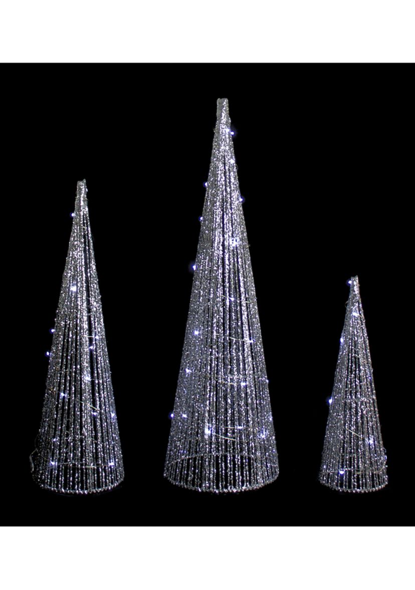 Set of 3 LED Lighted Silver Glitter Cone Tree Outdoor Christmas Decorations 23.5Inch