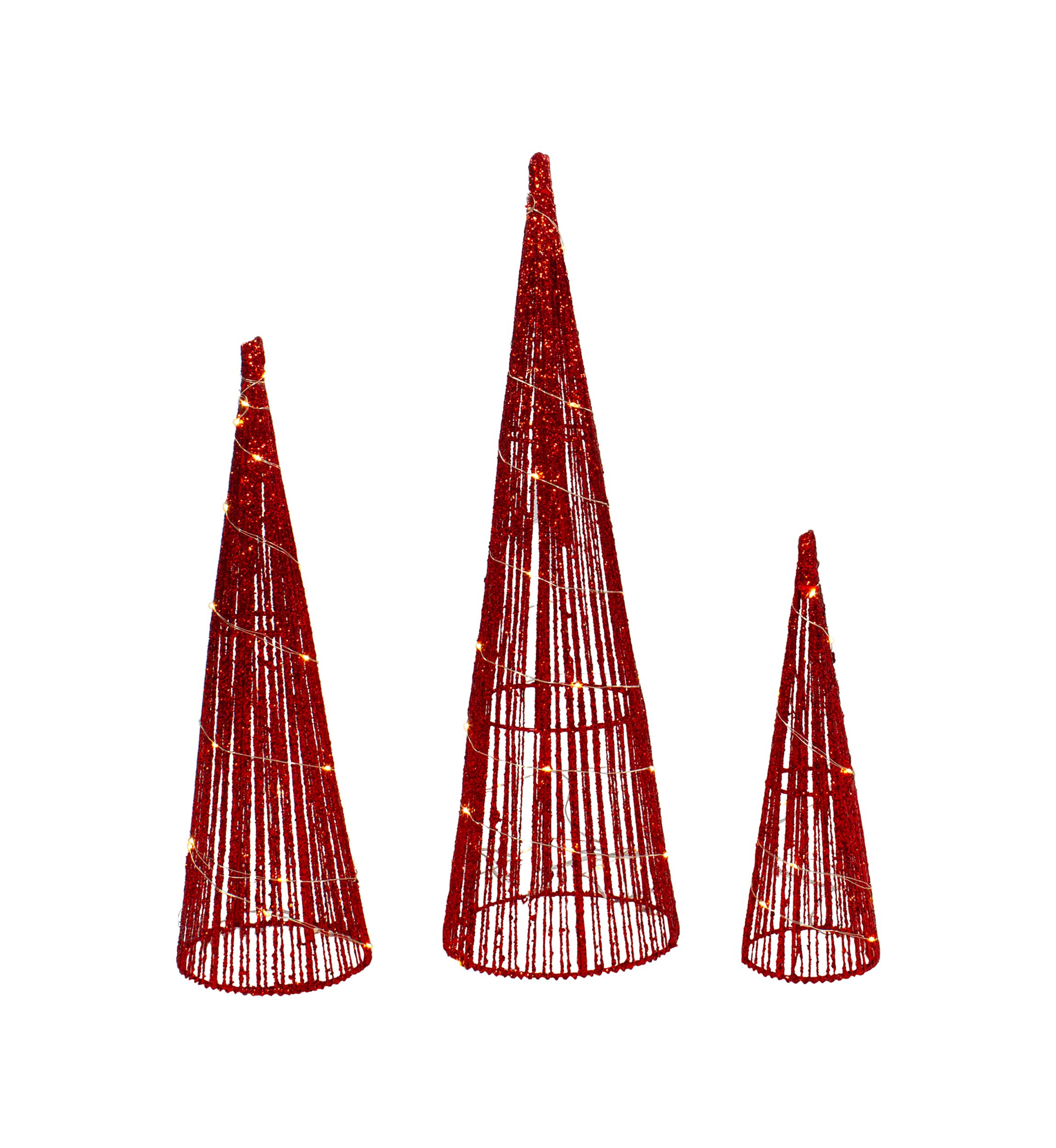 Set of 3 LED Lighted Red Glitter Cone Tree Outdoor Christmas Decorations 23.5Inch