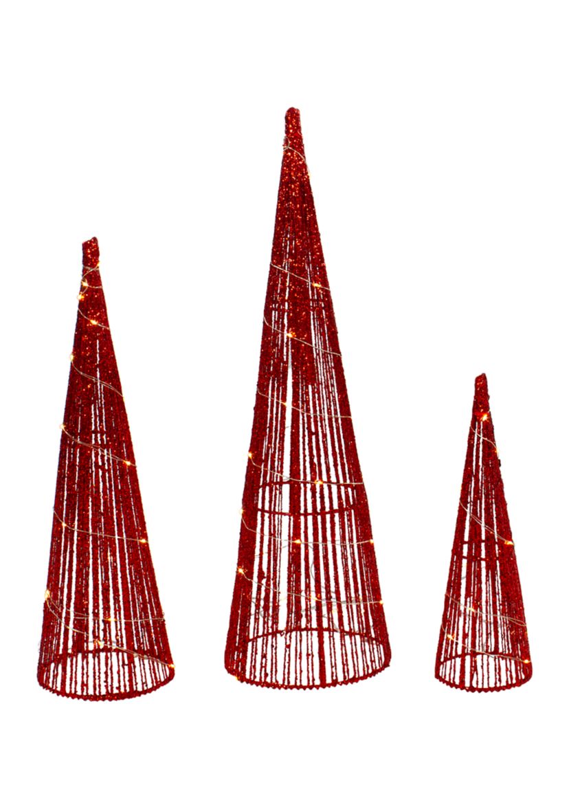 Set of 3 LED Lighted Red Glitter Cone Tree Outdoor Christmas Decorations 23.5Inch