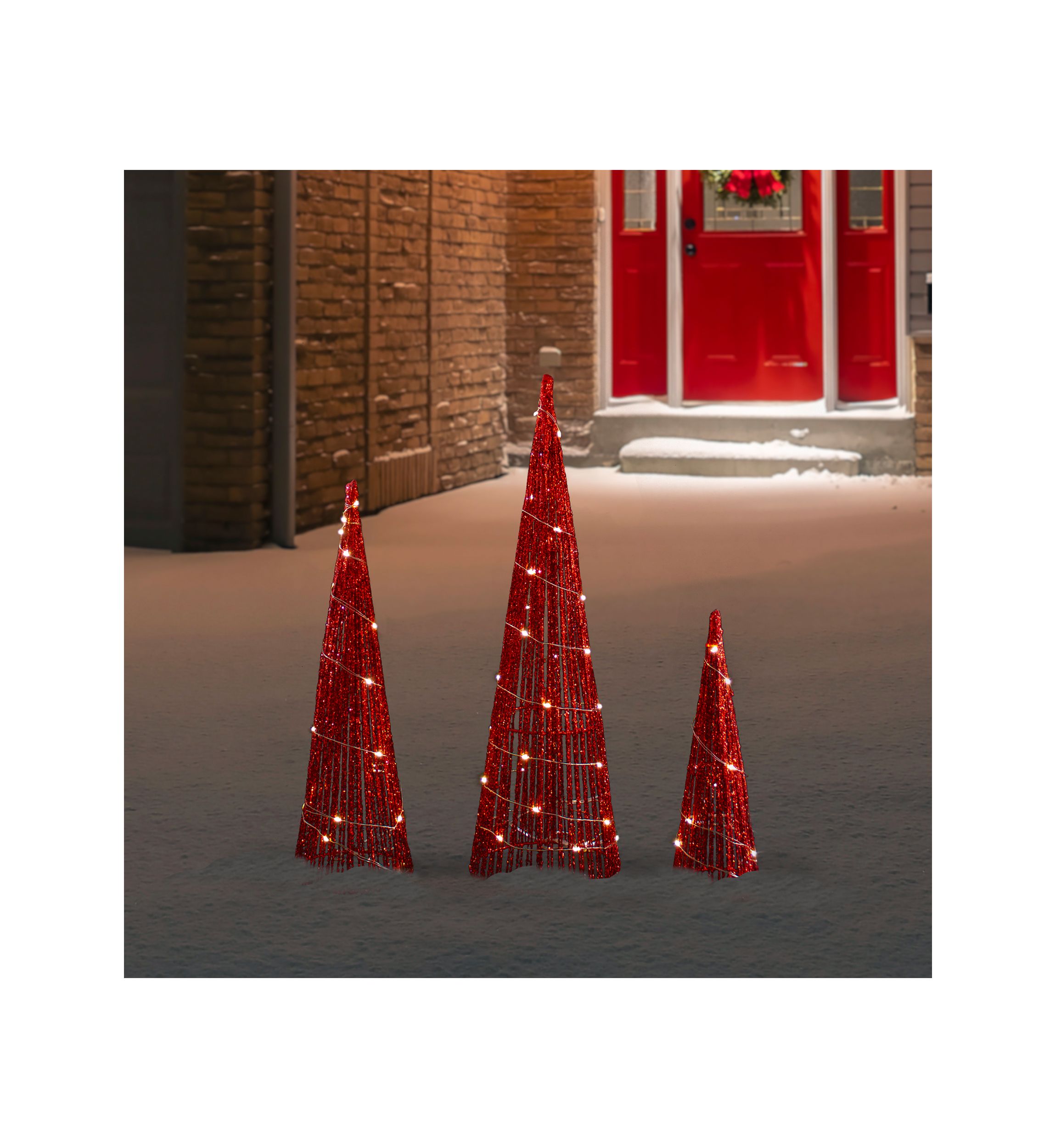 Set of 3 LED Lighted Red Glitter Cone Tree Outdoor Christmas Decorations 23.5Inch