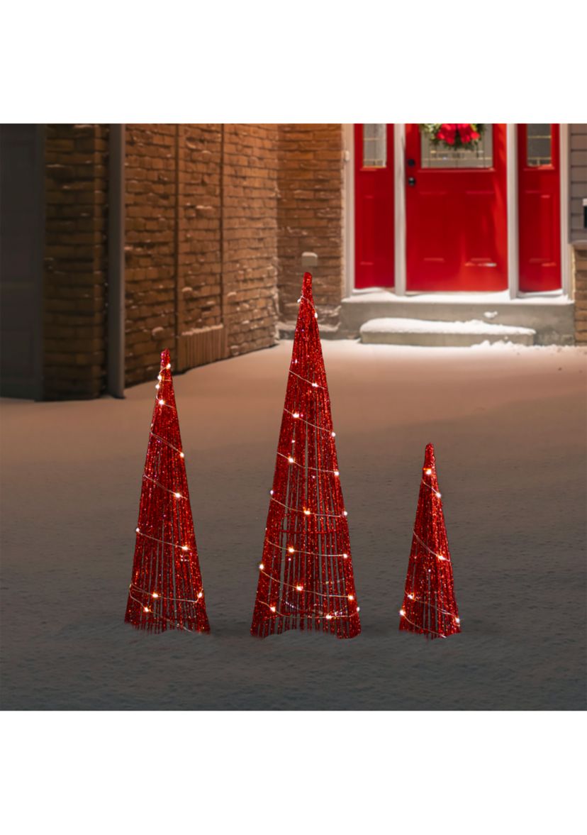 Set of 3 LED Lighted Red Glitter Cone Tree Outdoor Christmas Decorations 23.5Inch