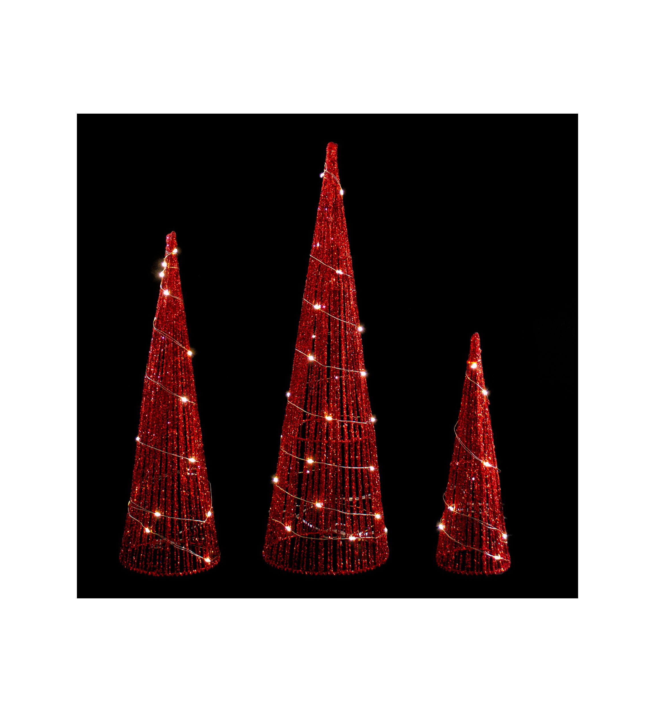 Set of 3 LED Lighted Red Glitter Cone Tree Outdoor Christmas Decorations 23.5Inch