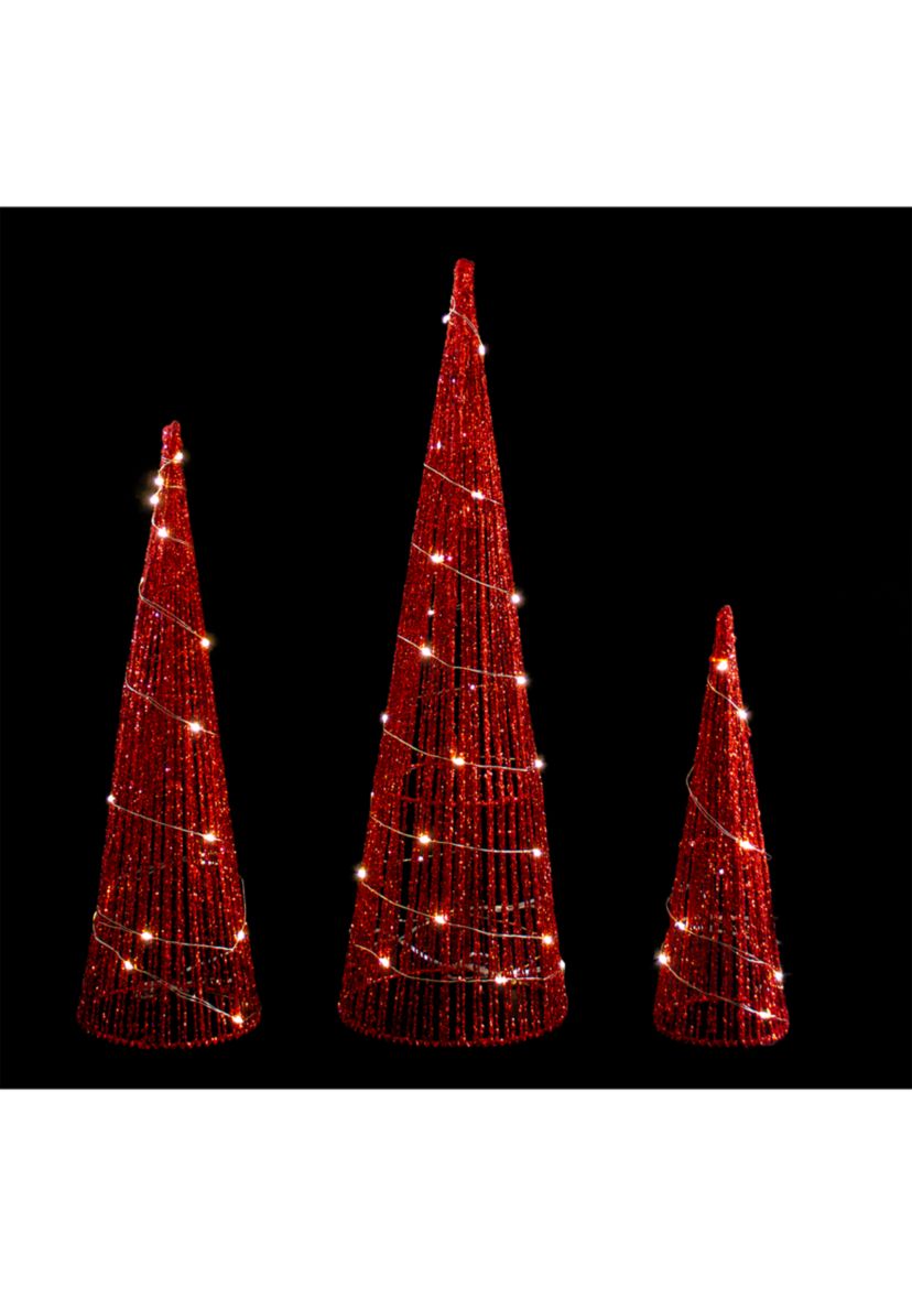 Set of 3 LED Lighted Red Glitter Cone Tree Outdoor Christmas Decorations 23.5Inch