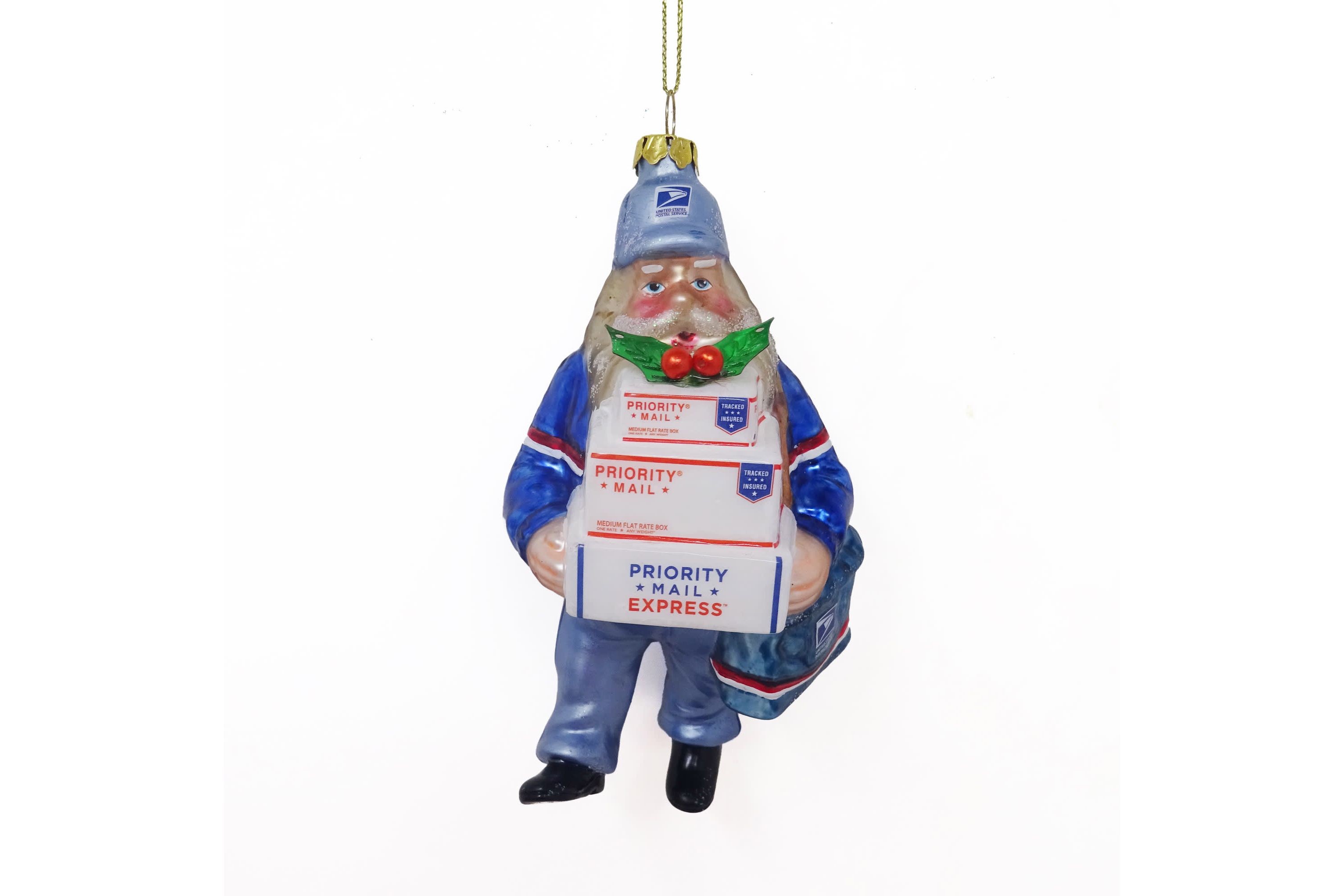 6" Busy Santa "USPS Priority" Mail Carrier Glass Christmas Ornament