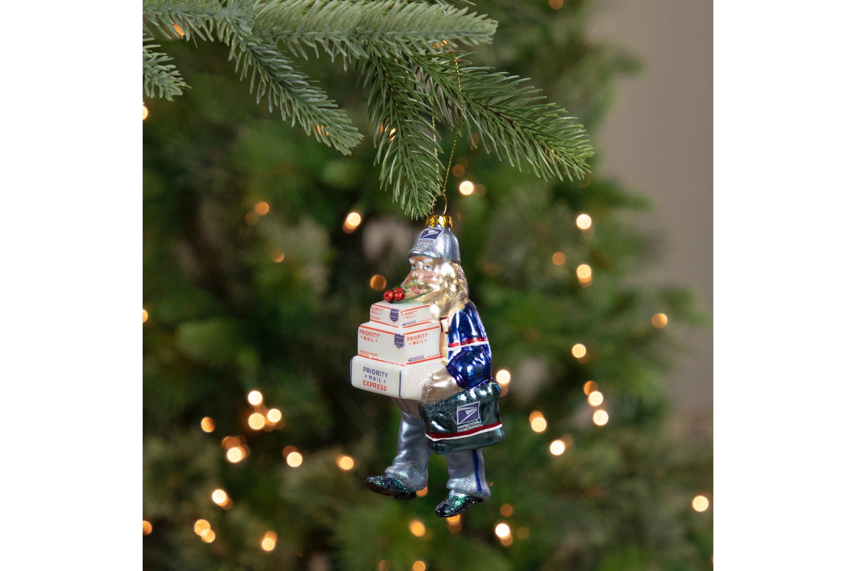 6" Busy Santa "USPS Priority" Mail Carrier Glass Christmas Ornament