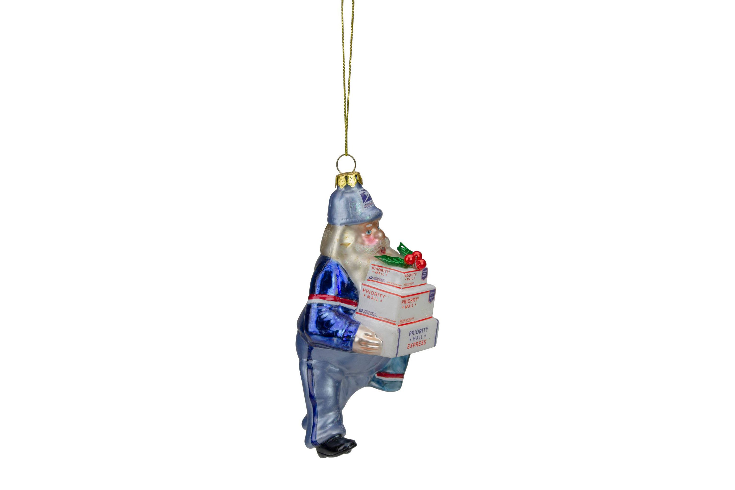 6" Busy Santa "USPS Priority" Mail Carrier Glass Christmas Ornament