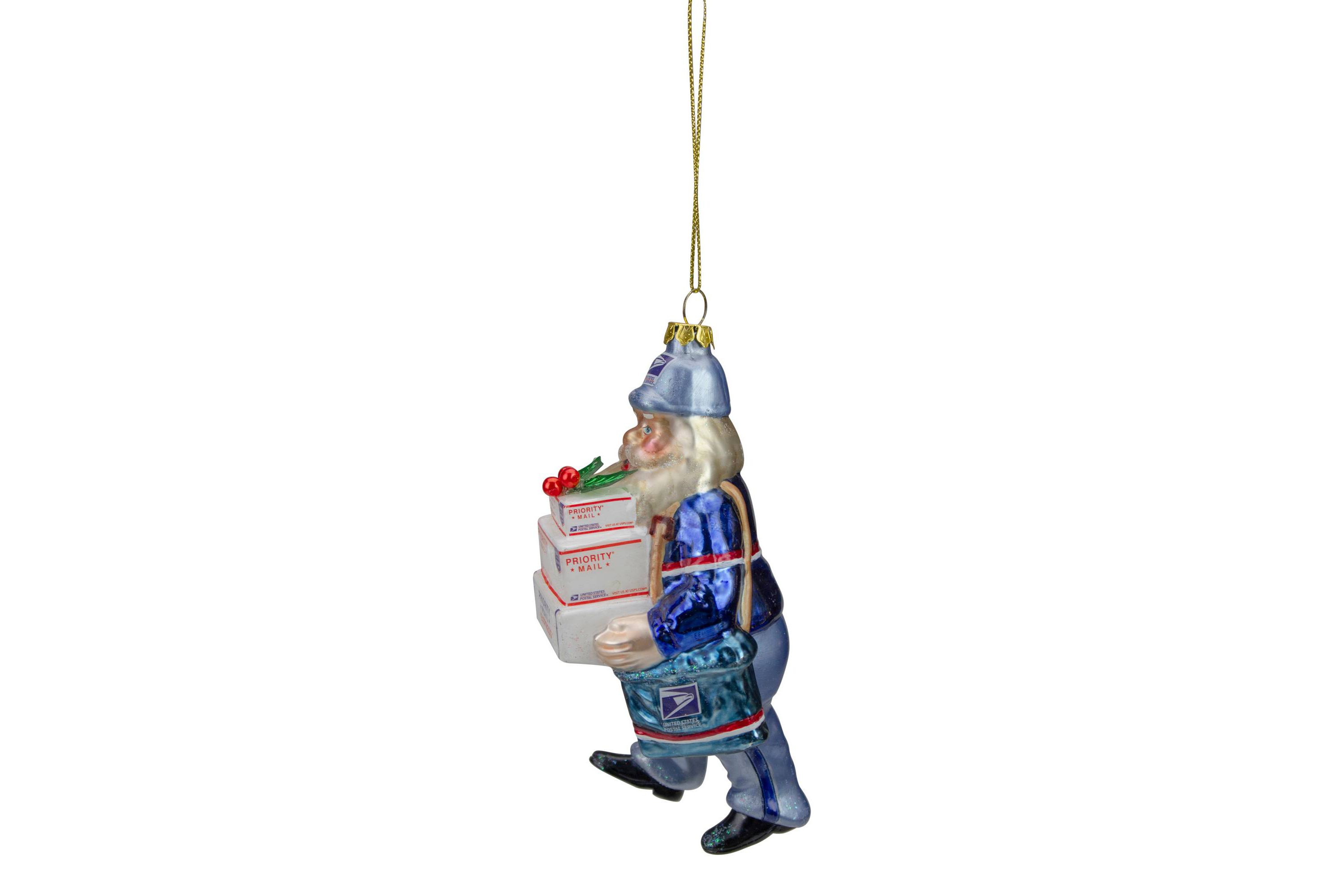 6" Busy Santa "USPS Priority" Mail Carrier Glass Christmas Ornament
