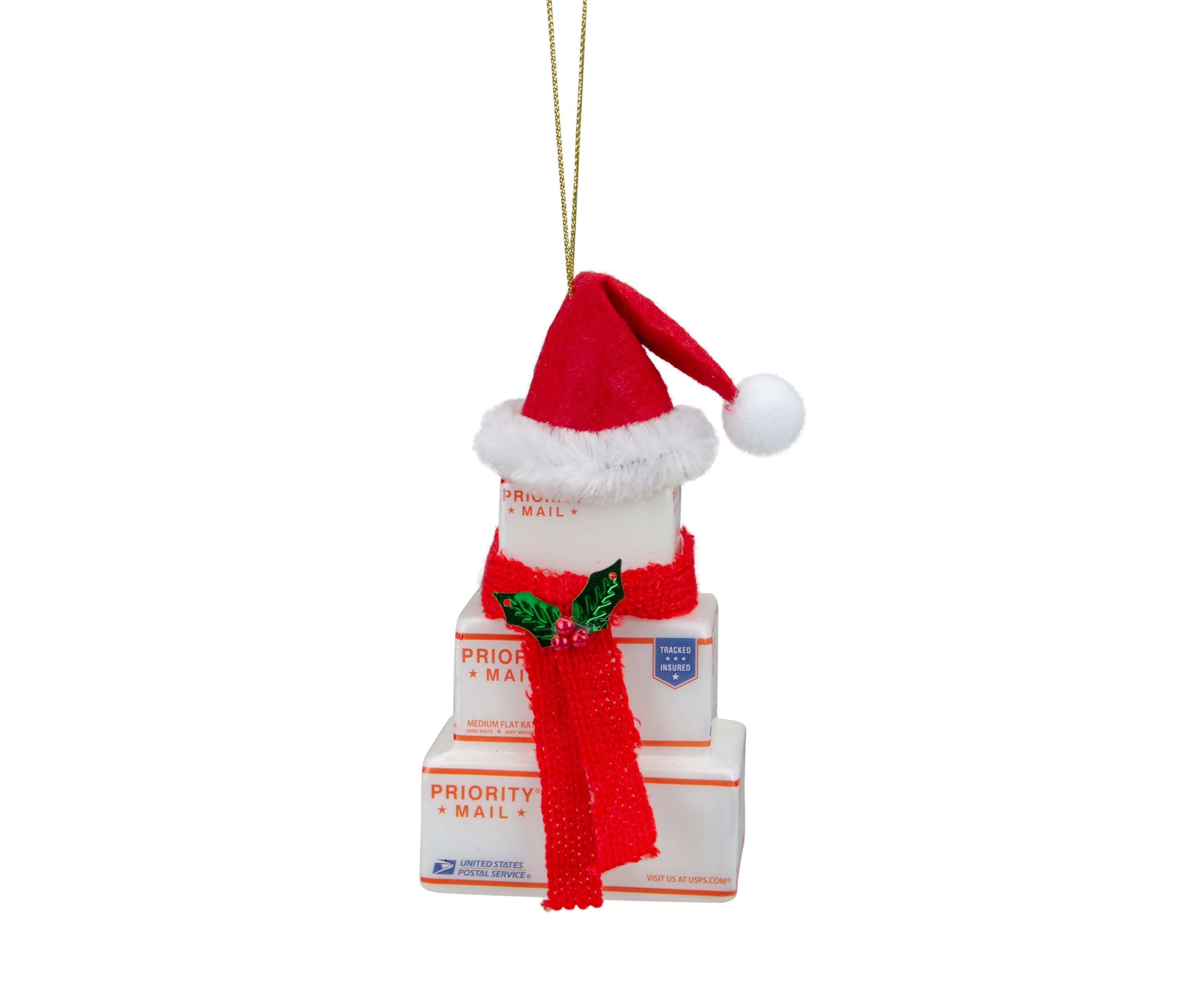 4.5Inch White and Red InchUSPS Priority MailInch Stacked Packages Santa Hat Christmas Ornament