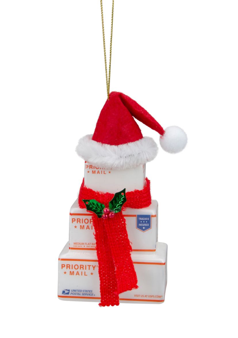 4.5Inch White and Red InchUSPS Priority MailInch Stacked Packages Santa Hat Christmas Ornament