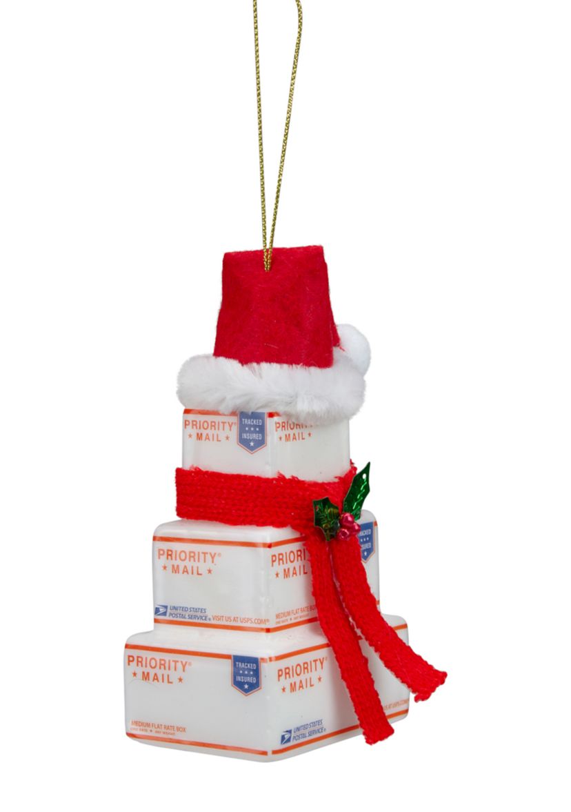 4.5Inch White and Red InchUSPS Priority MailInch Stacked Packages Santa Hat Christmas Ornament