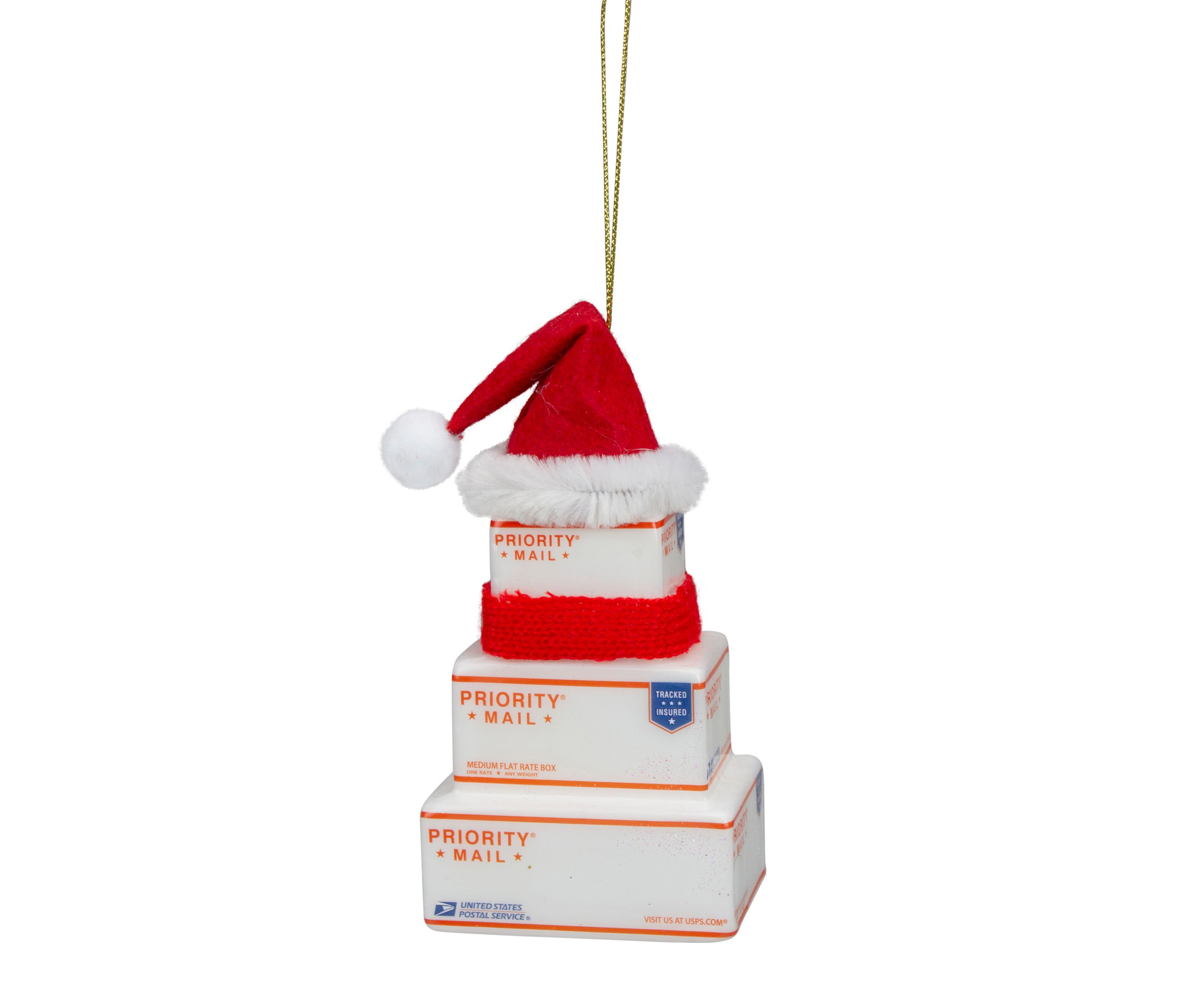 4.5Inch White and Red InchUSPS Priority MailInch Stacked Packages Santa Hat Christmas Ornament