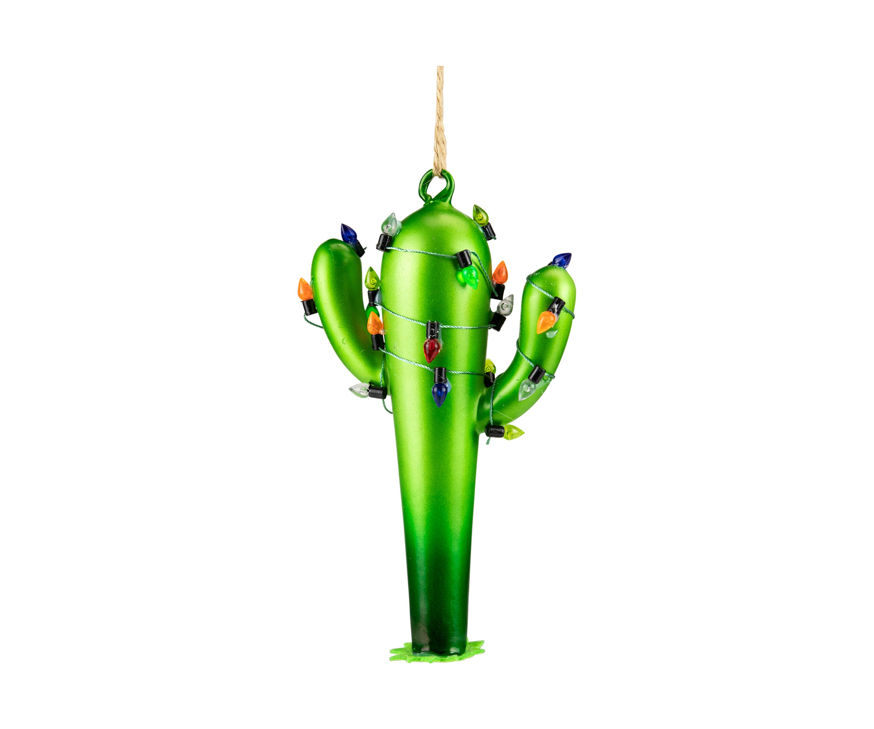 5.5Inch Green Cactus with Retro Light String Glass Christmas Ornament