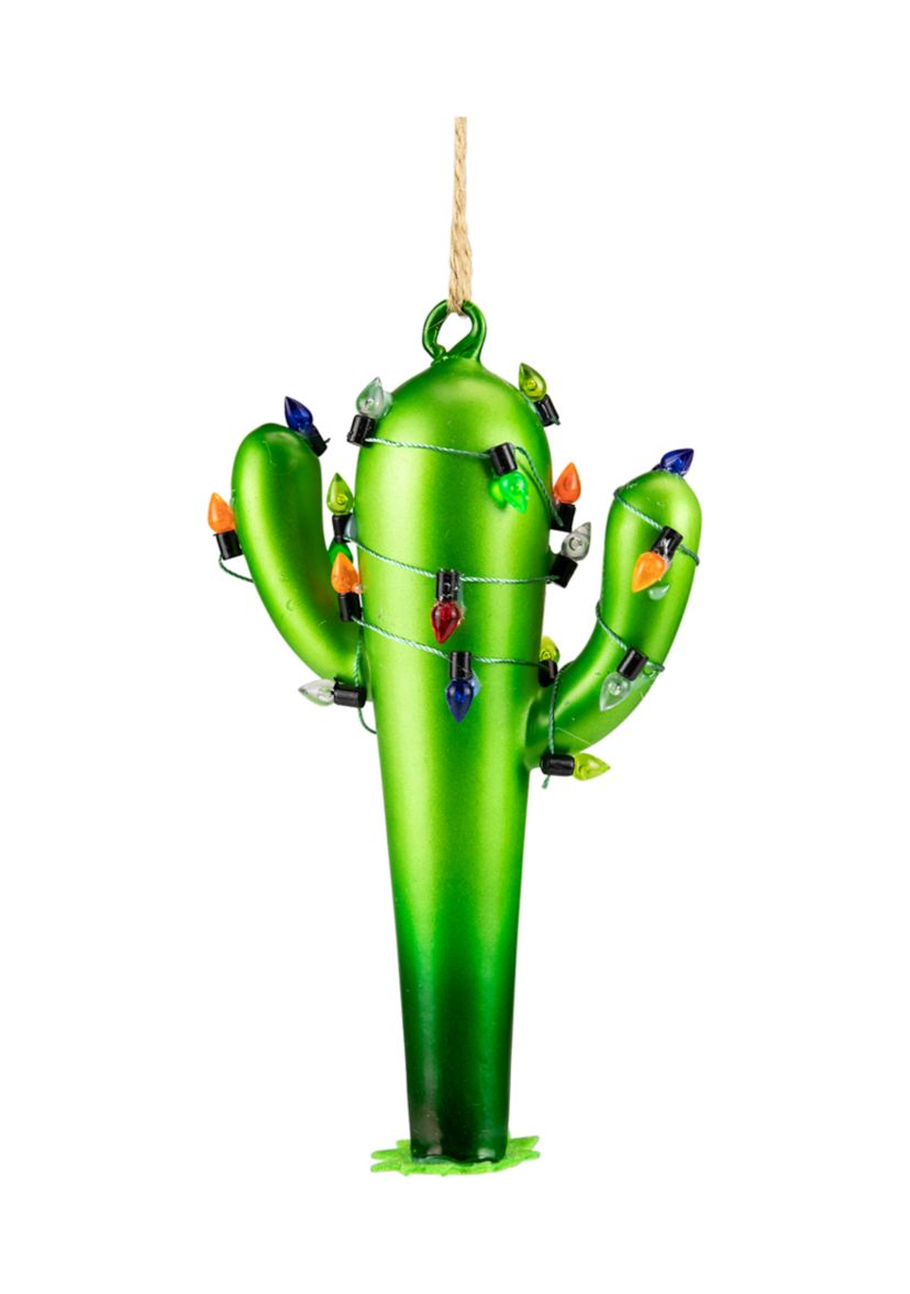 5.5Inch Green Cactus with Retro Light String Glass Christmas Ornament