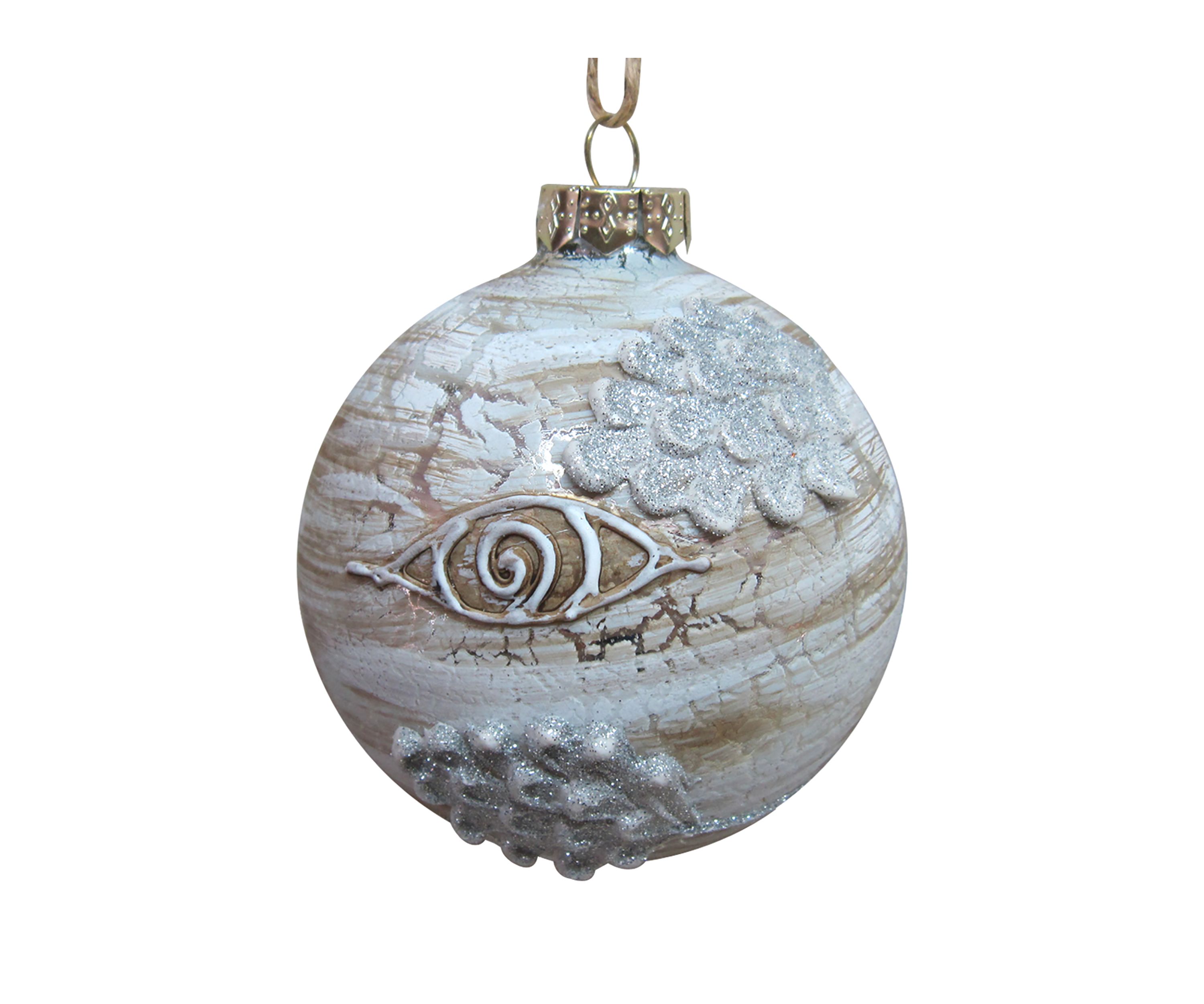 4Inch Birch Wood and Glitter Pine Cones Glass Ball Christmas Ornament