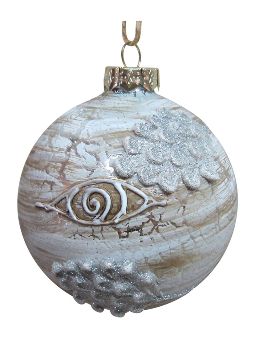4Inch Birch Wood and Glitter Pine Cones Glass Ball Christmas Ornament