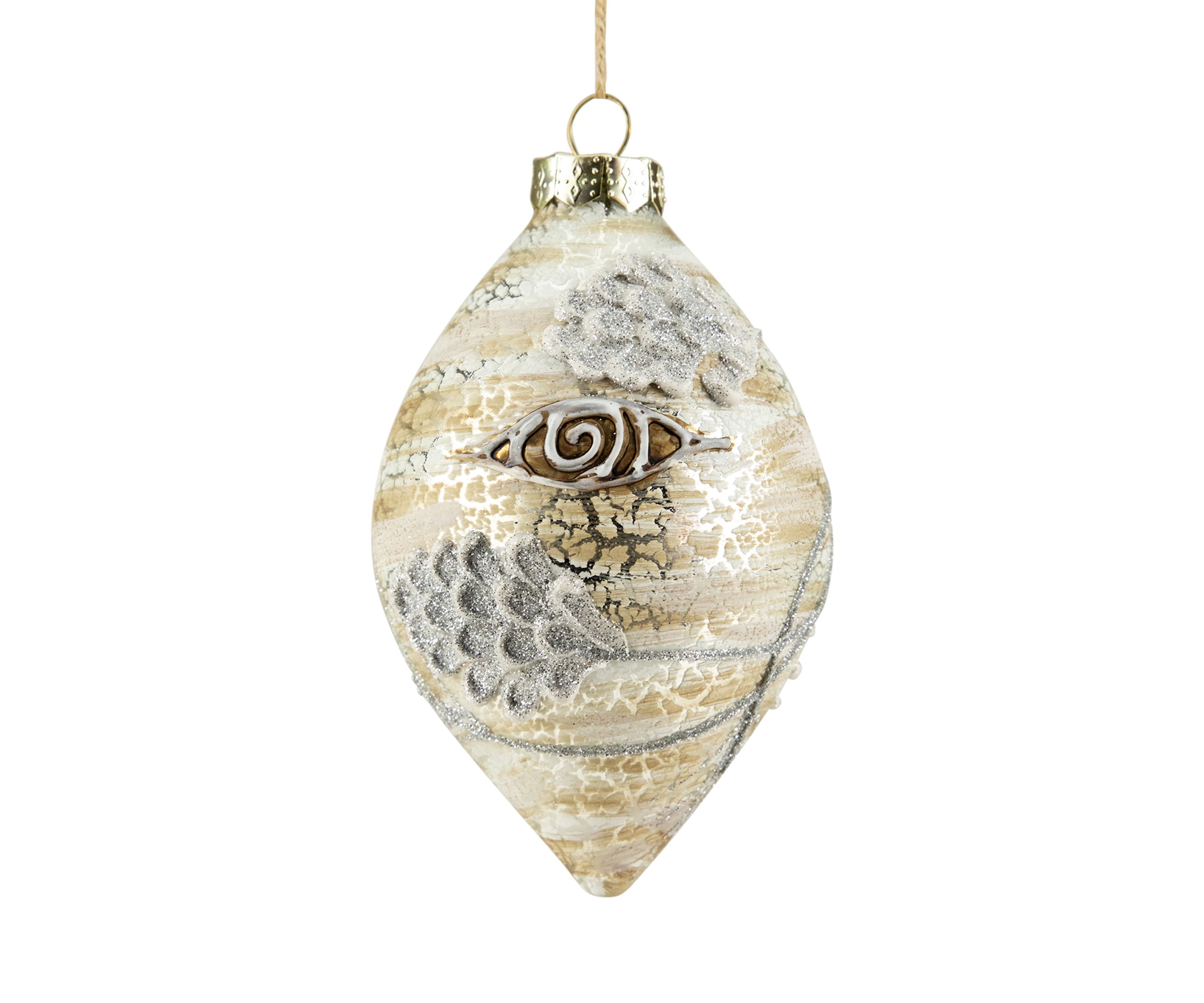 5Inch Birch Wood and Glitter Pine Cones Glass Finial Christmas Ornament