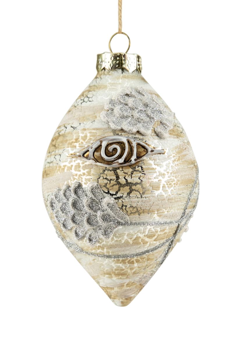 5Inch Birch Wood and Glitter Pine Cones Glass Finial Christmas Ornament