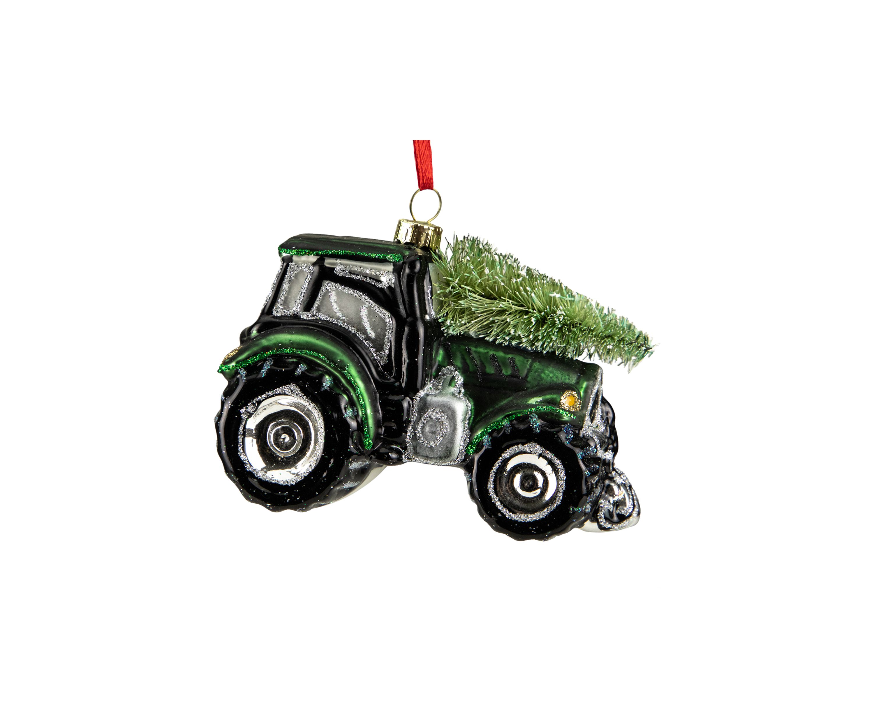4Inch Green Tractor with Tree Glass Christmas Ornament