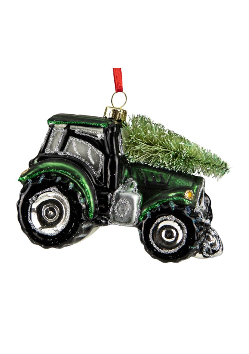 4Inch Green Tractor with Tree Glass Christmas Ornament