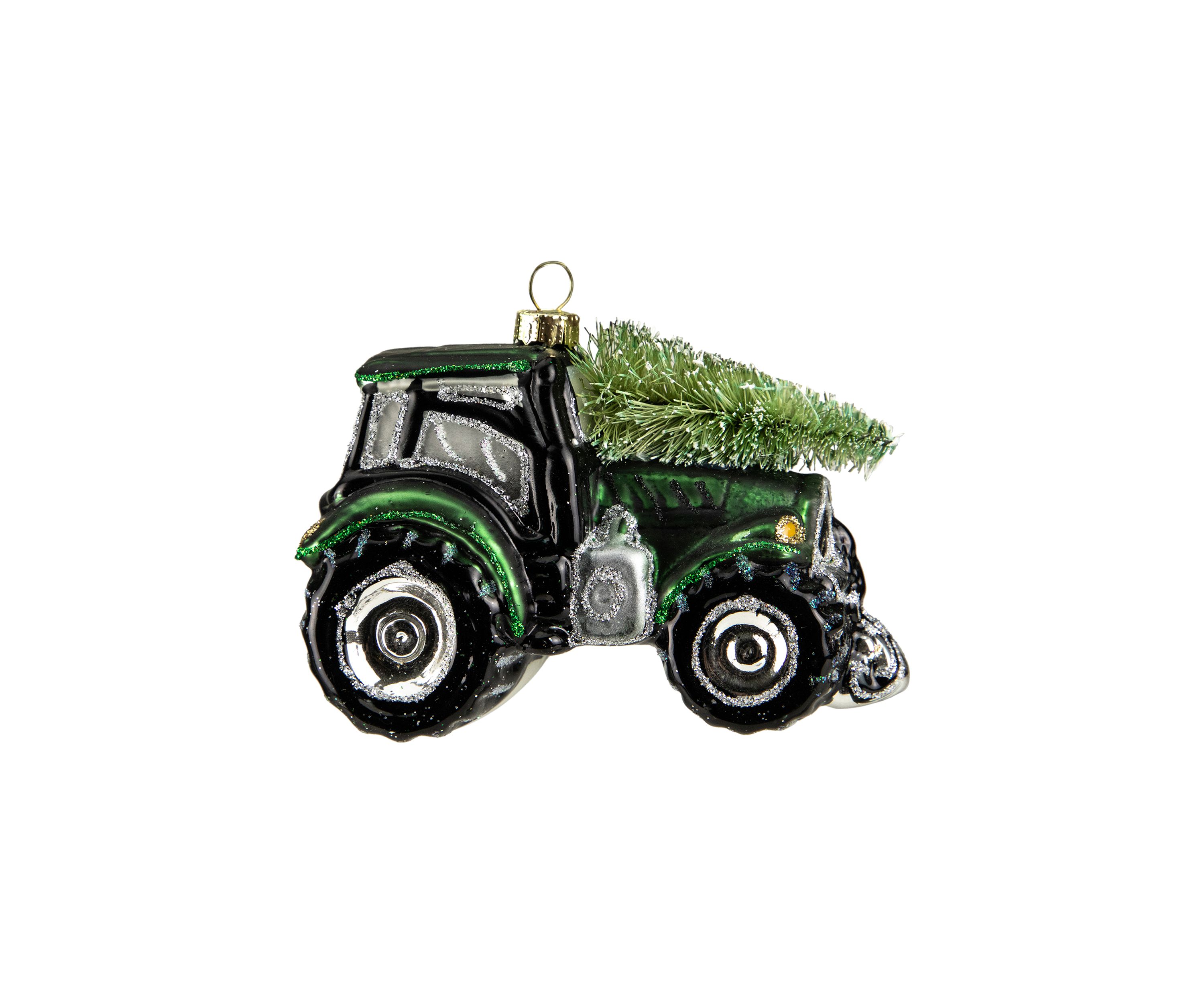 4Inch Green Tractor with Tree Glass Christmas Ornament