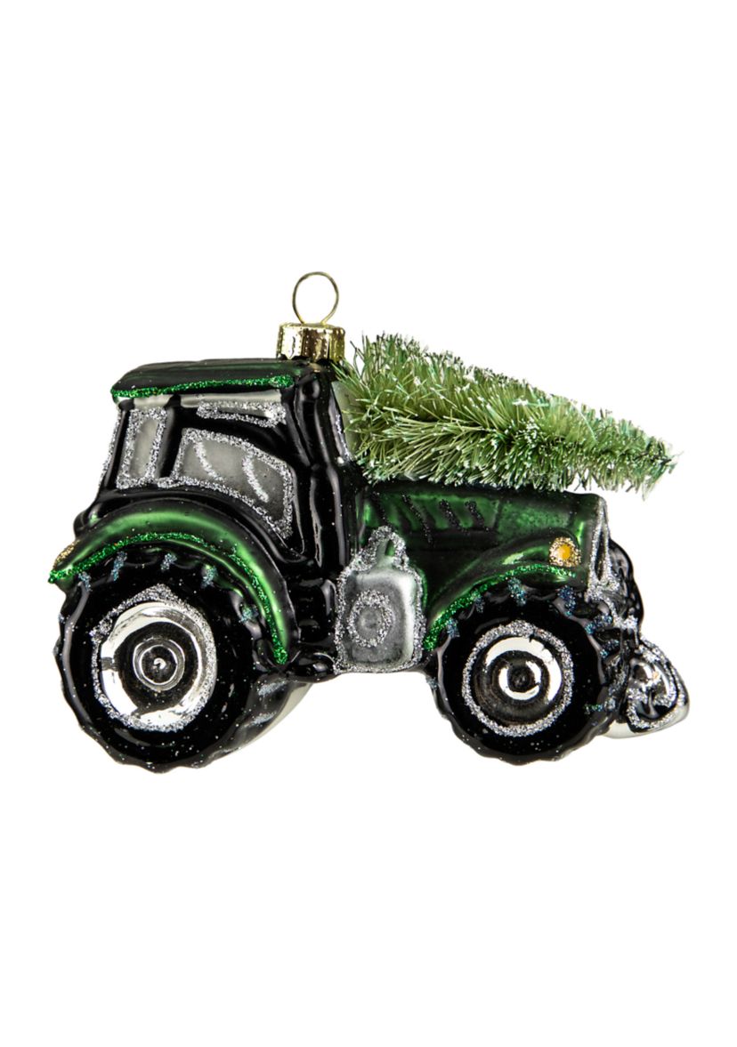 4Inch Green Tractor with Tree Glass Christmas Ornament