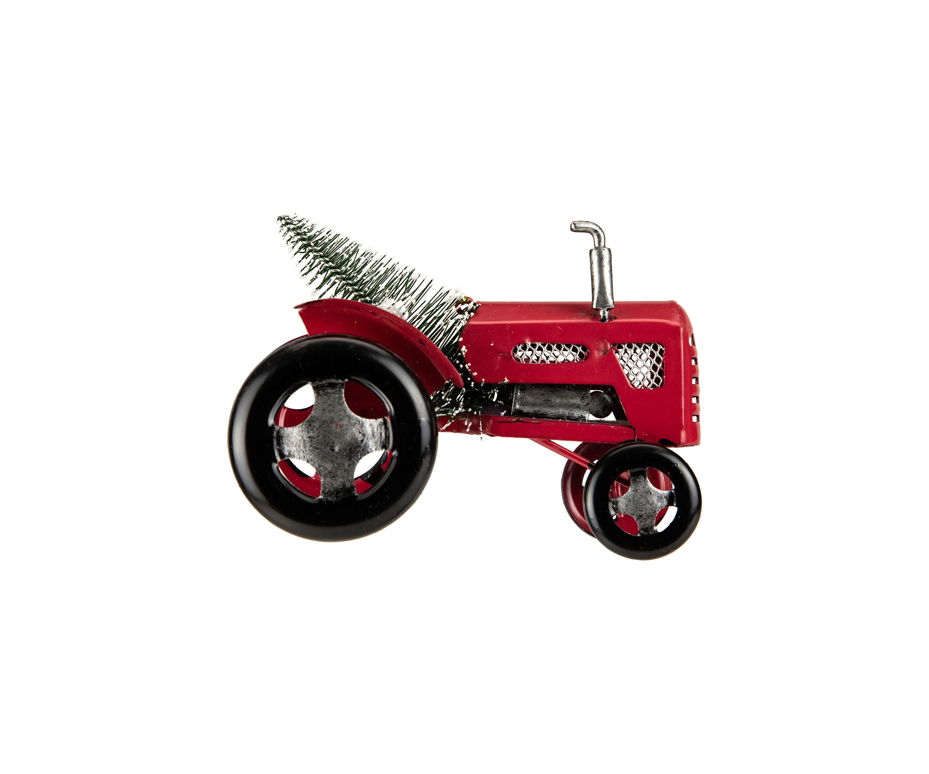 3Inch Red Metal Tractor with Frosted Tree Christmas Ornament