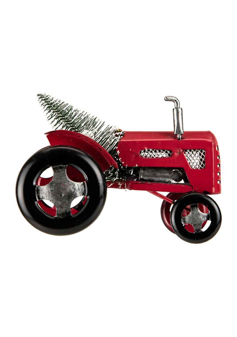 3Inch Red Metal Tractor with Frosted Tree Christmas Ornament