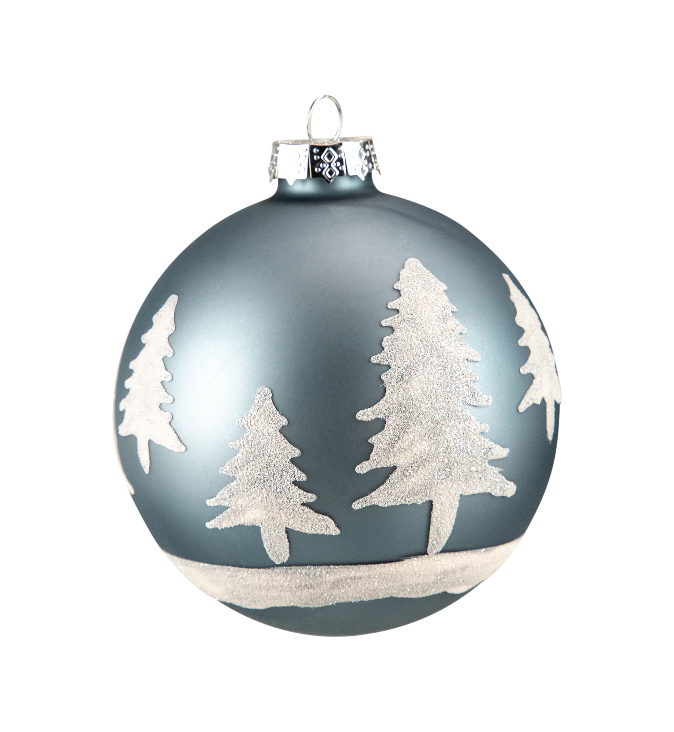 4Inch Slate Blue with Glittered Trees Glass Ball Christmas Ornament