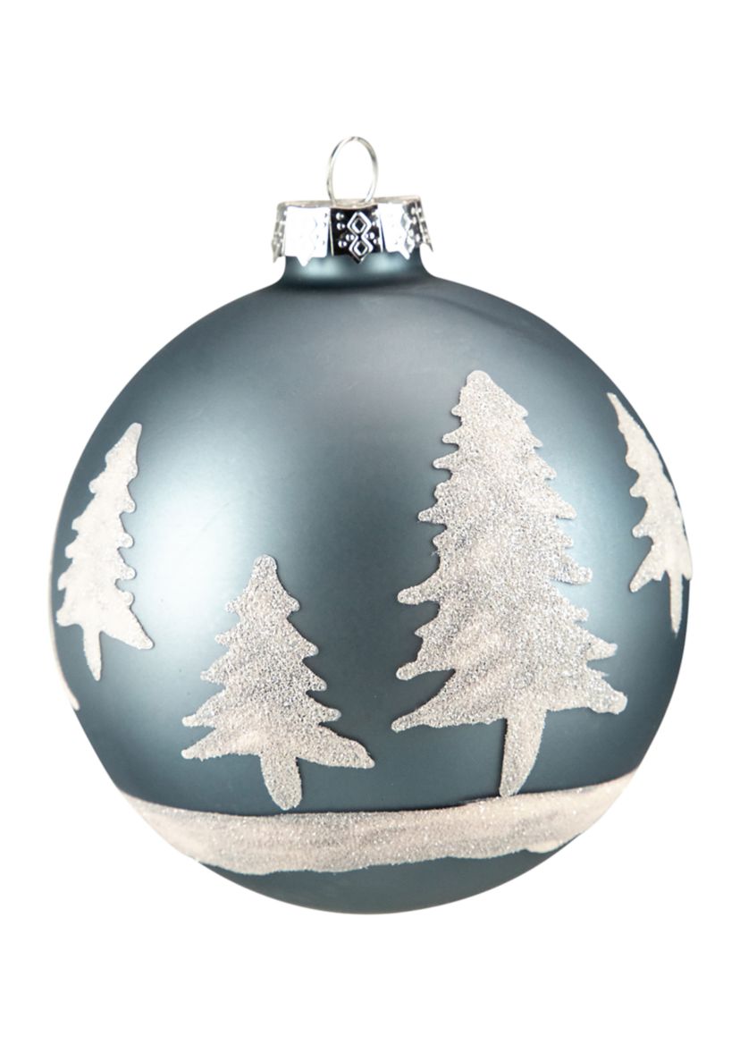 4Inch Slate Blue with Glittered Trees Glass Ball Christmas Ornament