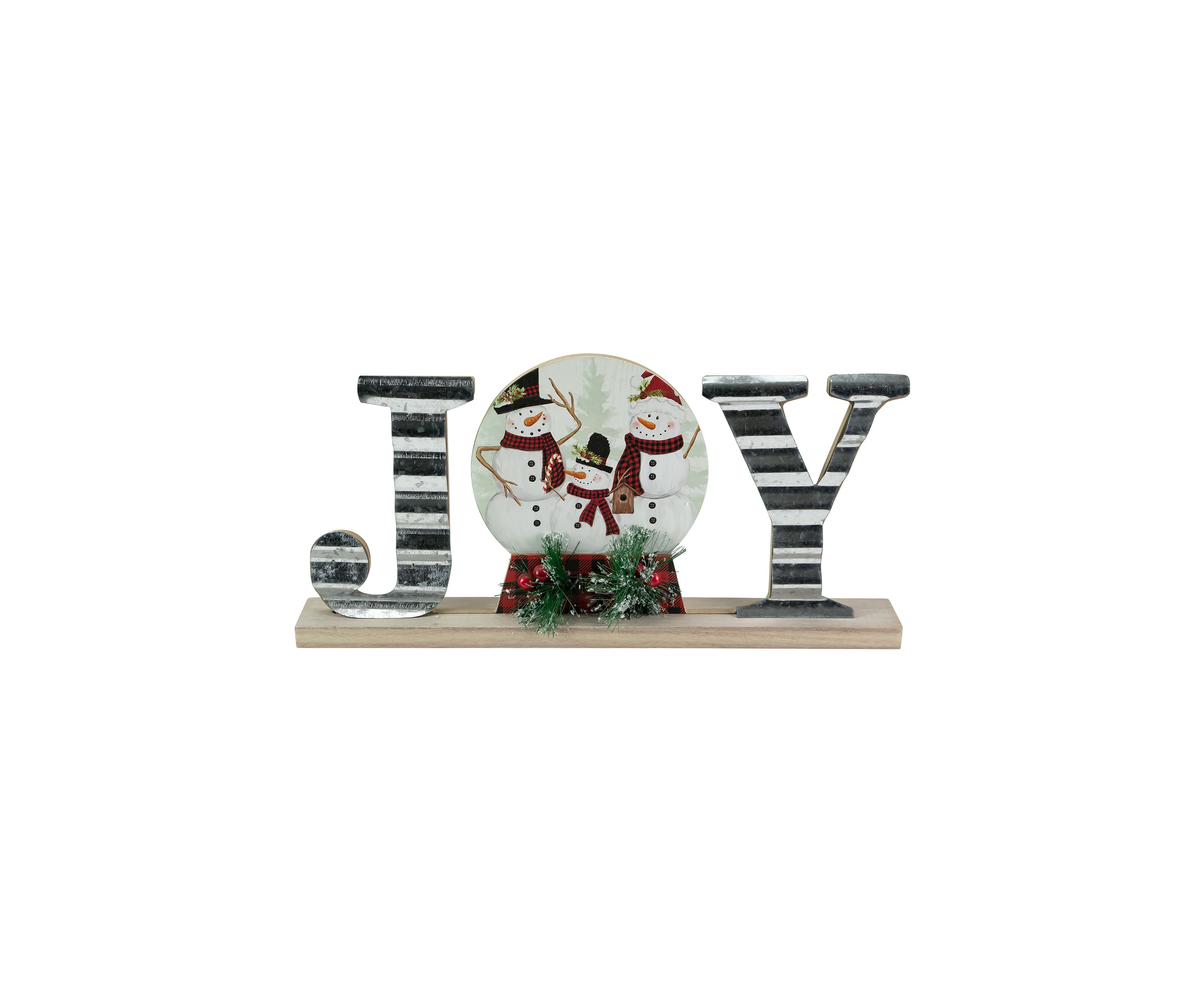 15Inch Galvanized Metal and Wooden Joy Snowman Family Christmas Sign