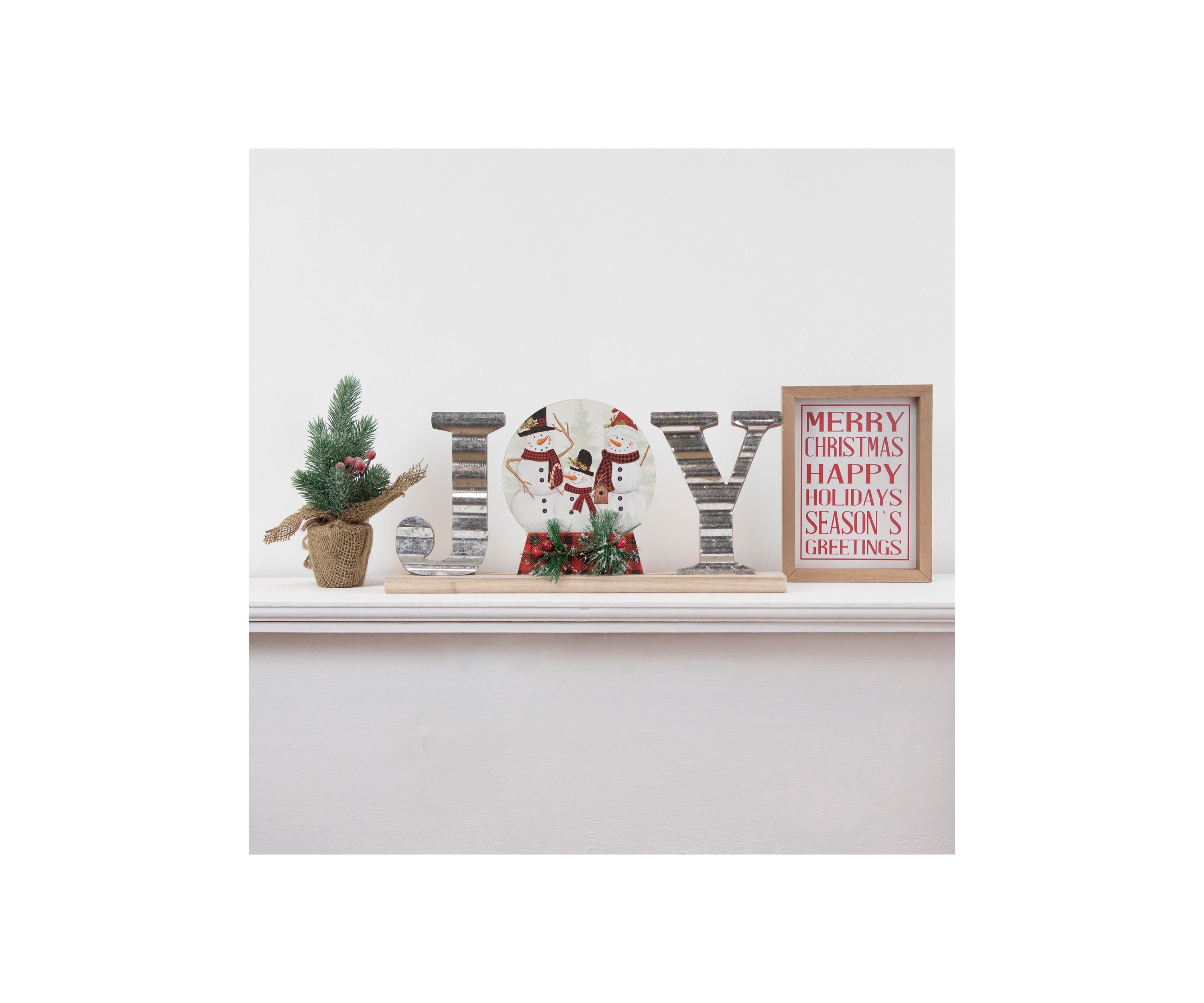 15Inch Galvanized Metal and Wooden Joy Snowman Family Christmas Sign