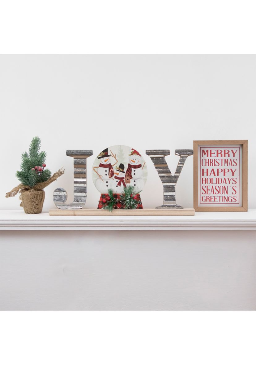 15Inch Galvanized Metal and Wooden Joy Snowman Family Christmas Sign