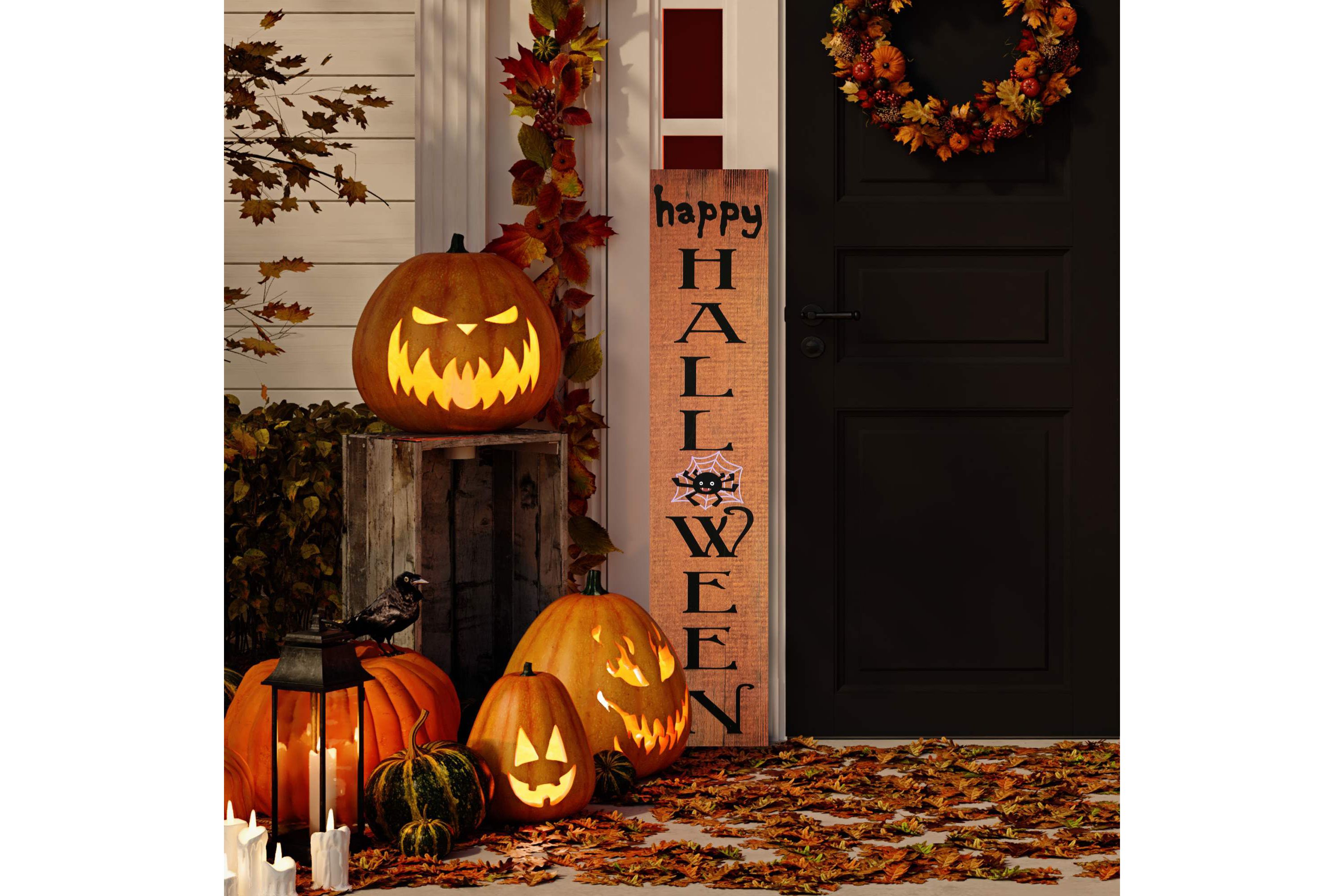 Spider "Happy Halloween" Wooden Board Porch Sign Decoration - 36" - Orange