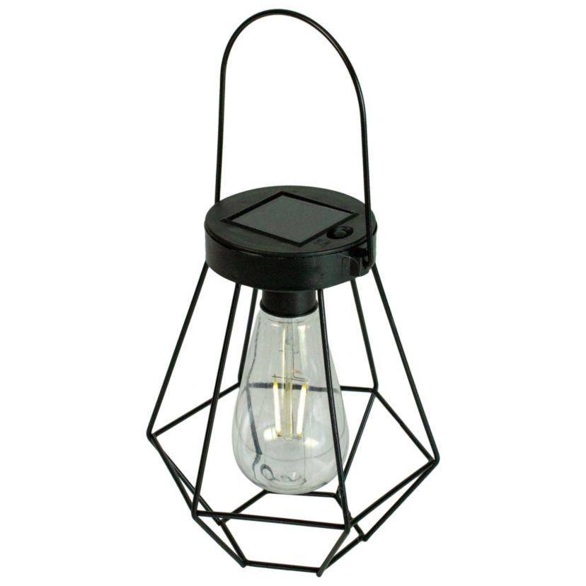 7.5" Black Geometric Outdoor Hanging Solar Lantern with Handle