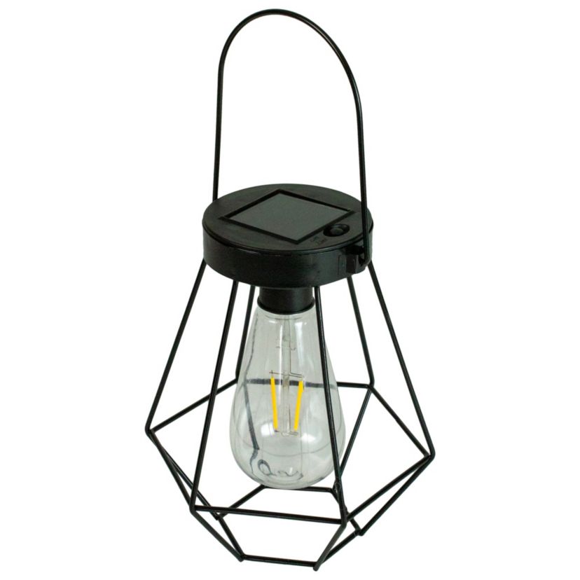 7.5" Black Geometric Outdoor Hanging Solar Lantern with Handle