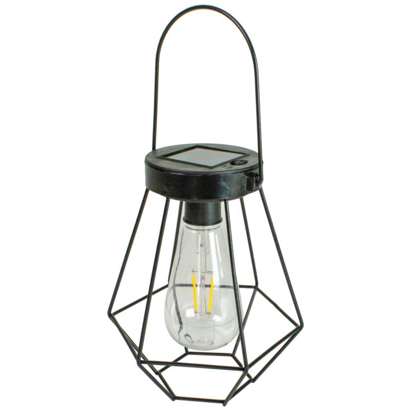 7.5" Black Geometric Outdoor Hanging Solar Lantern with Handle