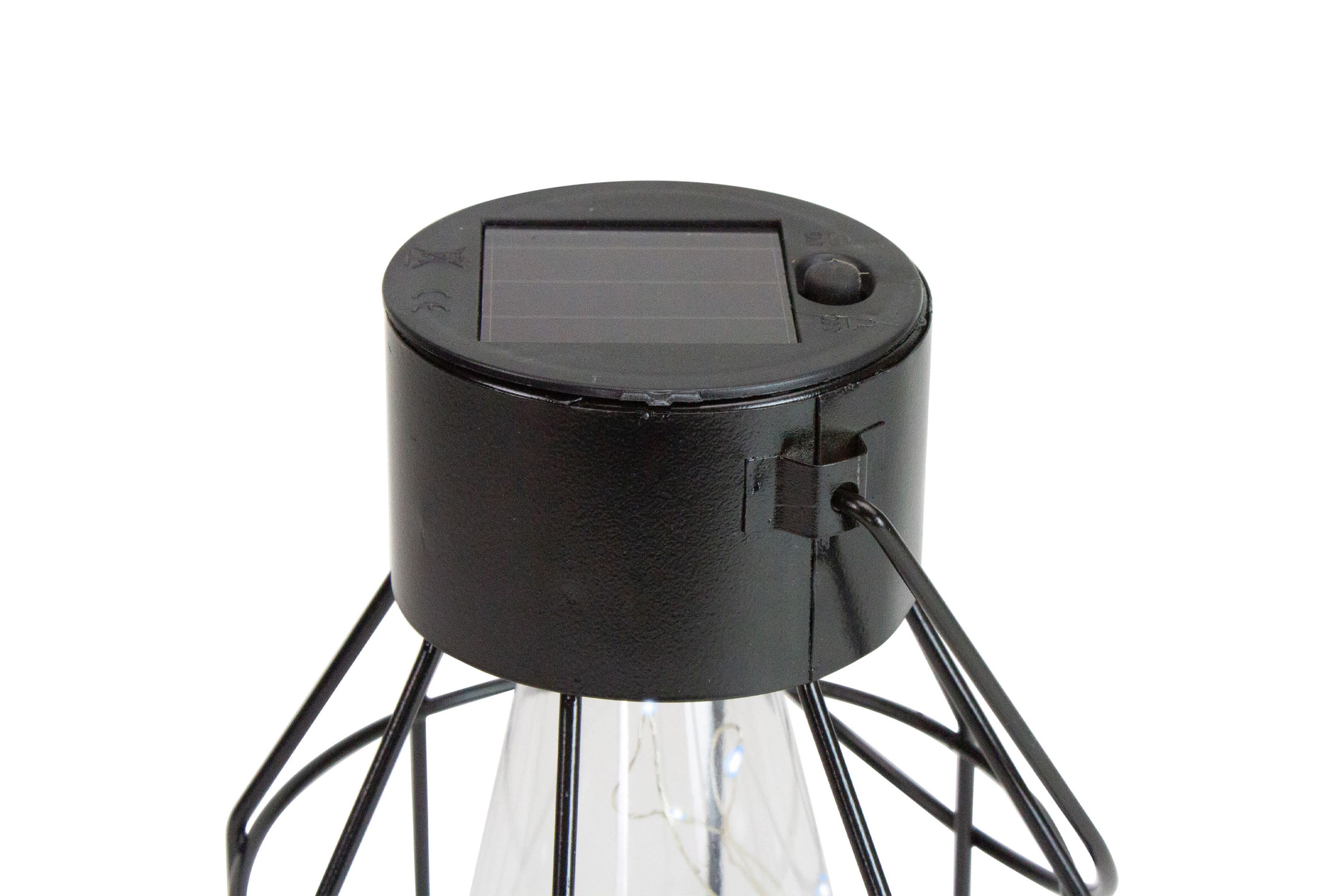 9.5" Black Geometric Oblong Outdoor Hanging Solar Lantern with Handle