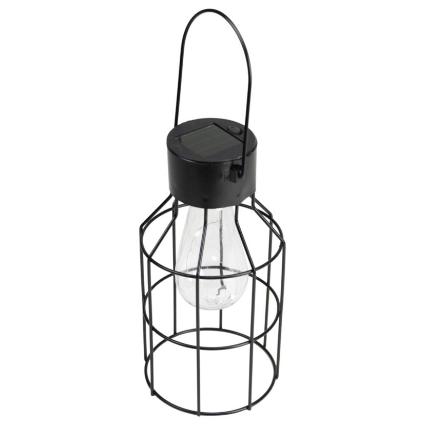 9.5" Black Outdoor Geometric Hanging Solar Lantern with Handle Outdoor Decor