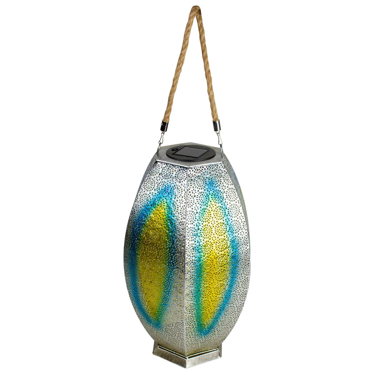 15.5" Silver Floral Outdoor Hanging Solar Lantern with Jute Handle