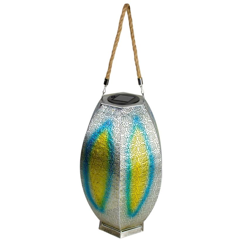 15.5" Silver Floral Outdoor Hanging Solar Lantern with Jute Handle