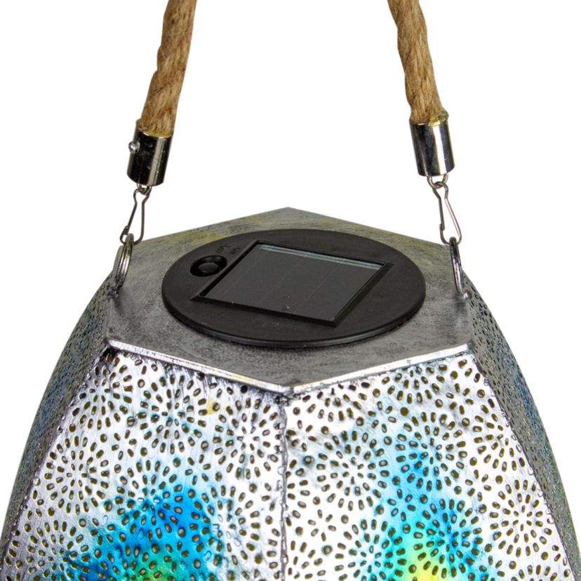 15.5" Silver Floral Outdoor Hanging Solar Lantern with Jute Handle